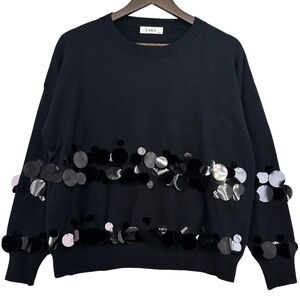 LARA Sequin Disc Embellished Knit Sweater Party Glam Black Womens L/XL Holiday